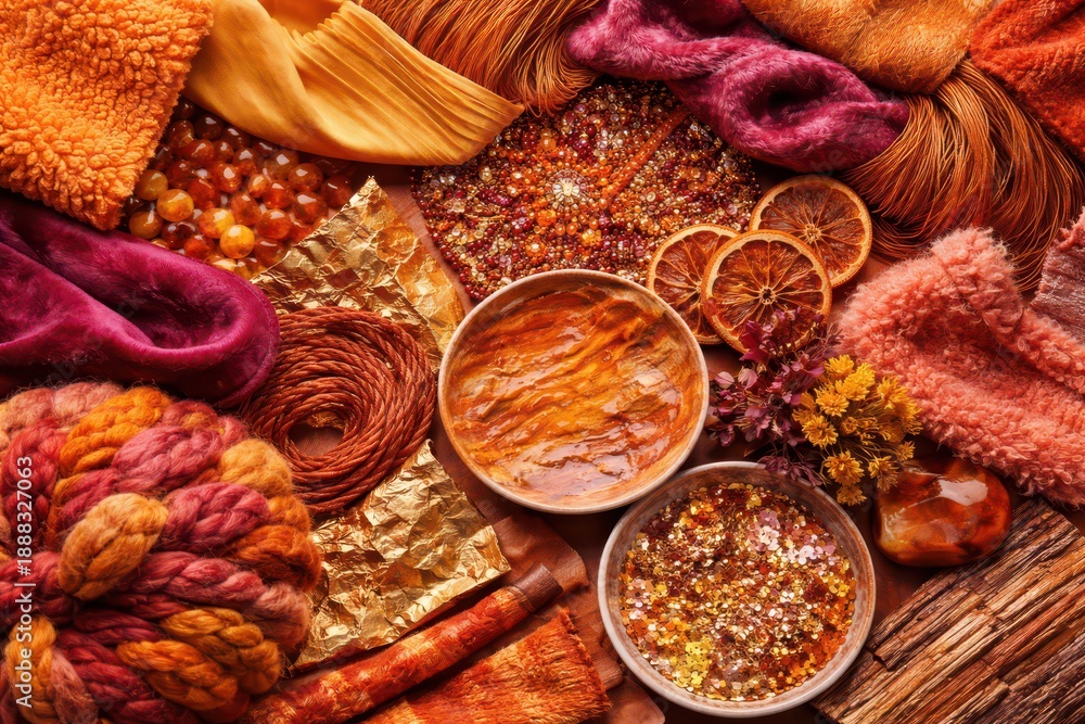 Fototapeta premium Autumn craft flat lay with knitting yarn, cozy textiles, dried citrus slices, glittering beads, warm tea bowls, and golden foil on wood