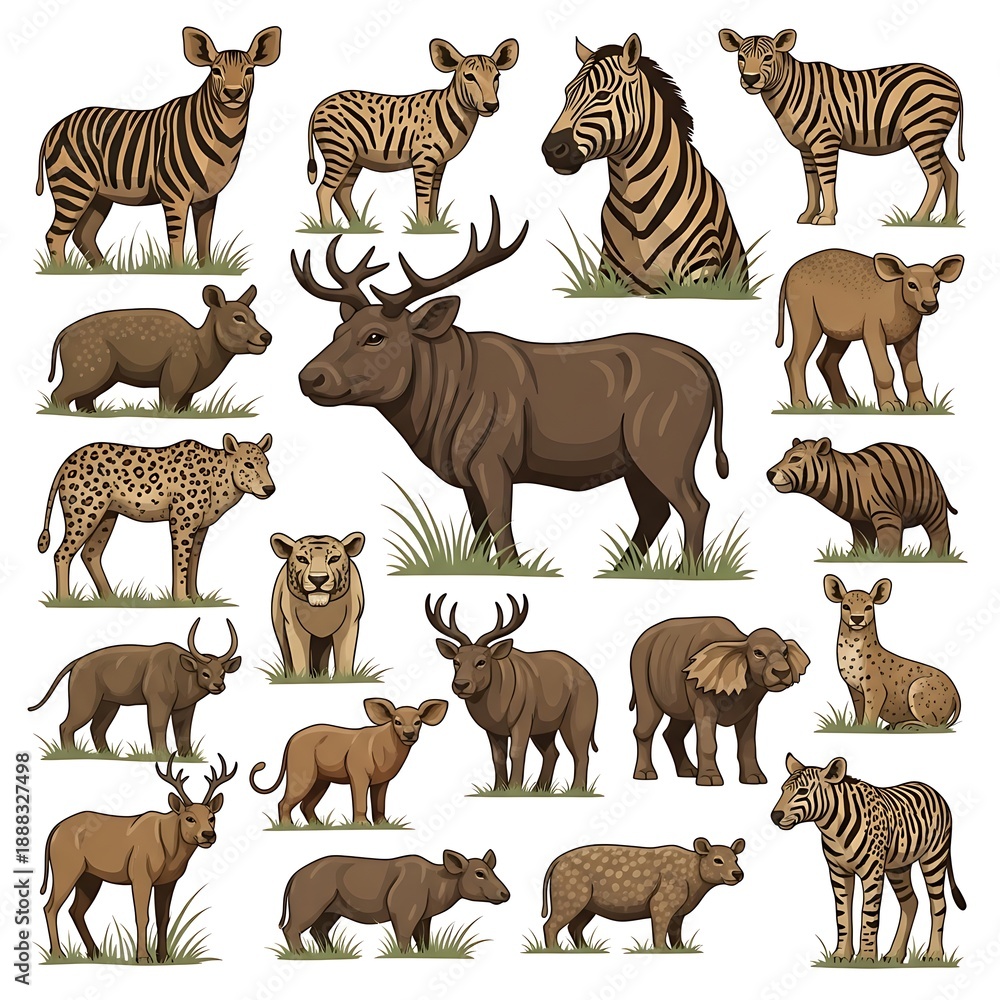 Obraz premium Collection of various wild animals in a flat illustration style