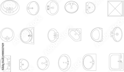 Vector collection of bathroom and kitchen sink symbols in top view, perfect for architectural floor plans, plumbing layouts, and interior design.