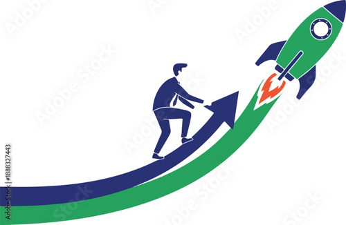 A businessman riding an upward arrow towards a launching rocket, symbolizing business growth and success.