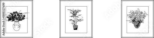 Minimalist vector line art set of framed indoor plants and floral arrangements in vases, ideal for modern home decor and interior design mockups.