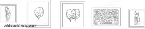 Minimalist vector line art collection of framed wall decor featuring botanical leaves, classical figures, and intricate floral patterns for interior design.