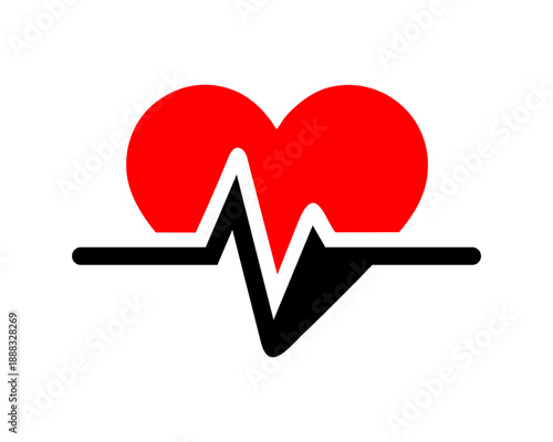 Red heart with a black electrocardiogram line, symbolizing health, medical care, and vital signs.