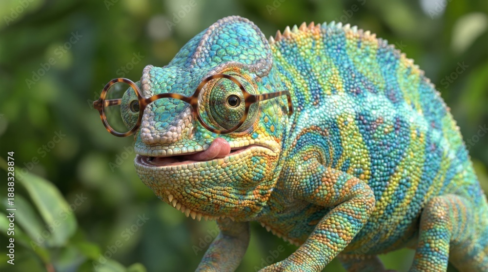 Obraz premium Colorful chameleon wearing round glasses with its tongue out, a smart and humorous reptile in a vibrant natural setting.