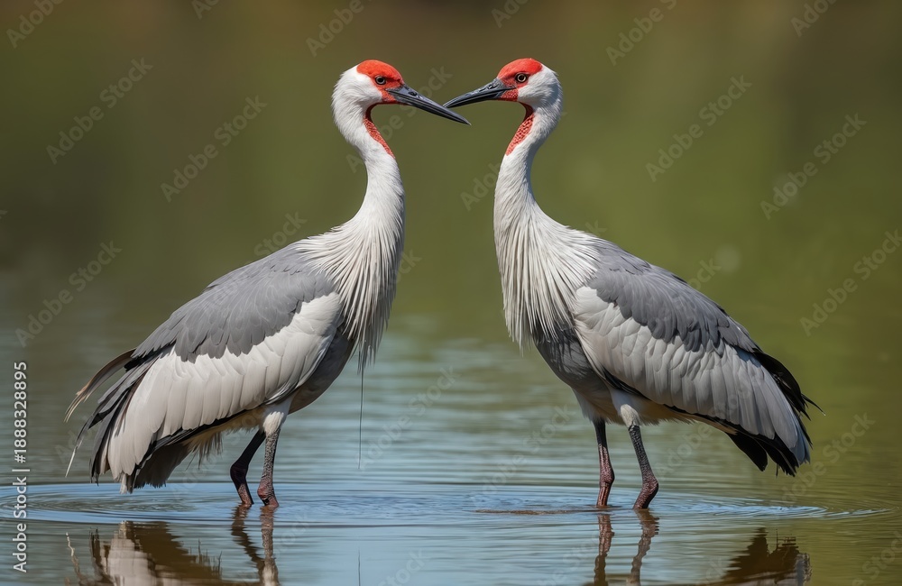 Fototapeta premium Two Australian Brolga cranes stand in calm water. These large grey birds have red heads and long white neck feathers. They face each other in a wetland habitat.