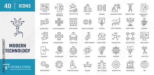 Modern technology icon set. Includes artificial intelligence, machine learning, deep learning, blockchain technology, internet of things (iot) and more. Vector Illustration with editable strokes