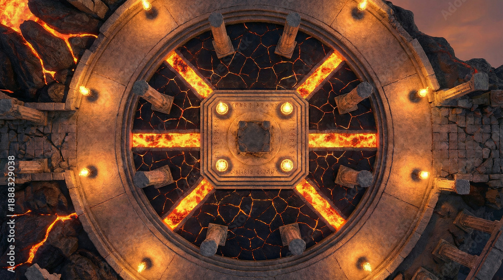 Obraz premium Lava Temple Boss Arena Battle Map - Volcanic Ritual Circle with Runes