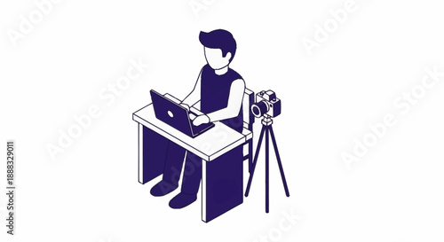 Person working on laptop with camera on tripod.