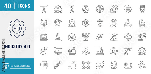 Industry 4.0 icon set. Includes automation, smart industry, connection, cloud computing, iot, big data and more. Vector Illustration with editable strokes