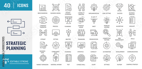 Strategic planning icon set. Includes business, planning, strategy, strategic plan, brainstorming, analysis, statistics, and more. Vector Illustration with editable strokes