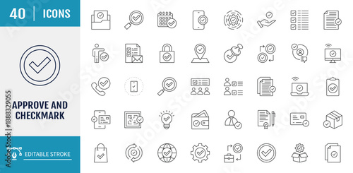 Approve and checkmark icon set. Includes Approve, Agreement, Quality Control, Certificate, Check Mark, Achievement, Guarantee. Vector Illustration with editable strokes