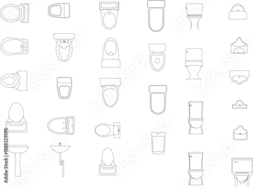 Vector collection of toilet, urinal, and sink symbols in top and front view for architectural bathroom floor plans and interior plumbing layouts.