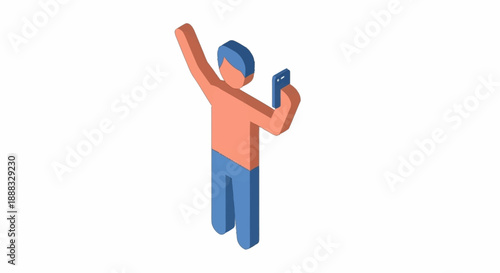 Man taking selfie with smartphone in joyful pose.