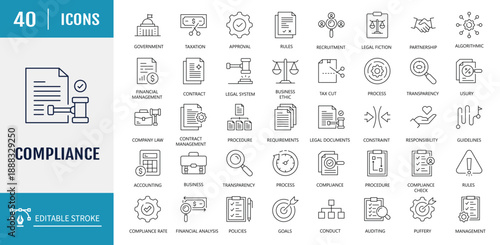 Compliance icon set. Includes regulatory compliance, corporate governance, corporate governance, transparency regulations and more. Vector Illustration with editable strokes