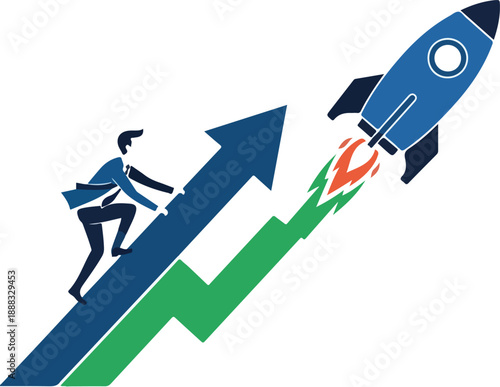 Businessman climbing an upward arrow graph towards a launching rocket, symbolizing business growth and success.