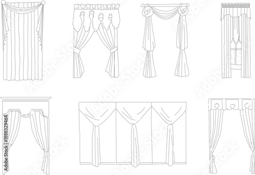Minimalist vector line art collection of various classic curtain styles and window treatments, perfect for interior design and architectural elevations.