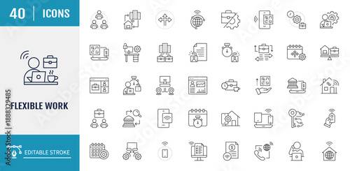 Working from home Icons set. Includes freelancer, Remote working, Coworking, Video Conference and more. Vector Illustration with editable strokes