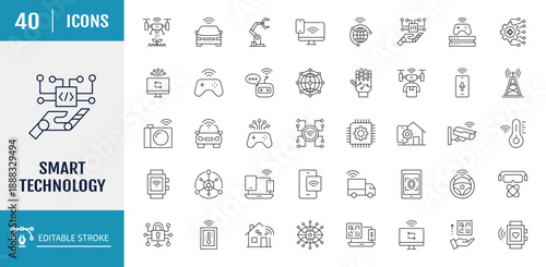 Smart Technology Icons set. Includes Industry 4.0, 5g, ai, robot, iot, programming and more. Vector Illustration with editable strokes
