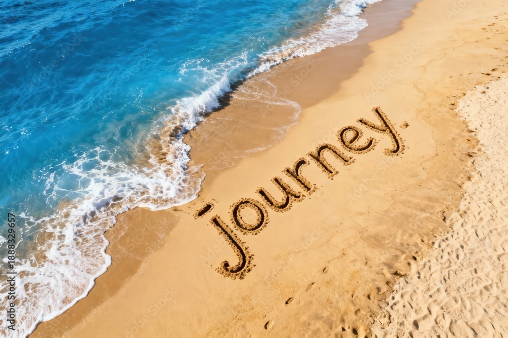 Fototapeta premium Journey Written on Beach Sand Meets Ocean Waves, Travel and Vacation Concept