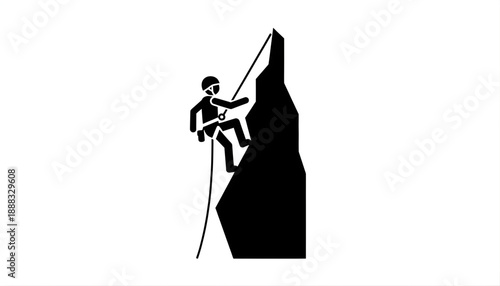 Rock Climber Rappelling Down Steep Mountain Cliff