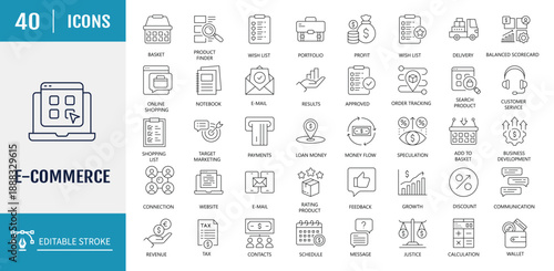E-commerce Icons set. Includes shopping, payment method, finance and more. Vector Illustration with editable strokes