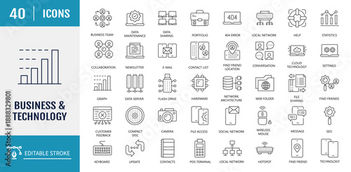 Business and technology icon set. Includes teamwork, strategy, planning, marketing, cloud technology, data analysis, employee, and more. Vector Illustration with editable strokes