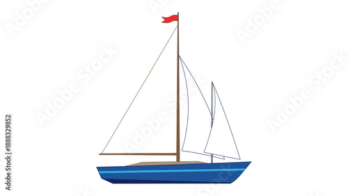 Blue Sailboat with Red Flag on White Background, Isolated, Vector Illustration