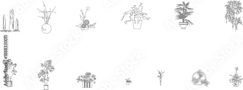 A collection of 12 black and white vector line drawings showing various potted plants, flowers, and arrangements in vases, rendered in a clean, minimalist sketch style.