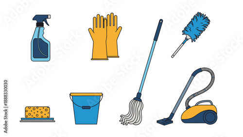 Cleaning supplies set: spray bottle, gloves, mop, duster, sponge, bucket, vacuum cleaner