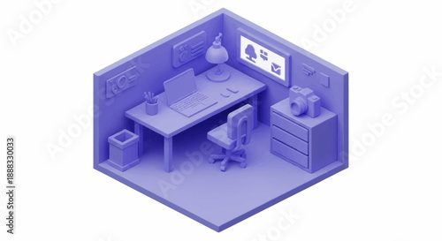 3D Isometric Office Workspace with Desk and Computer.