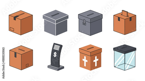 Collection of Isometric Ballot Boxes, Donation Boxes, and Cardboard Boxes