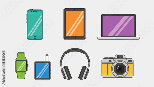 Collection of Modern Gadgets: Smartphone, Tablet, Laptop, Smartwatch, Camera, Headphones