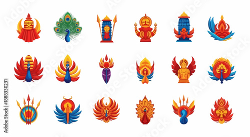 A collection of vibrant, stylized illustrations depicting various mythical creatures, deities, and cultural symbols with intricate details and rich colors.