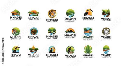 A collection of twenty diverse logo designs for Mhadei Sanctuary, featuring various wildlife and natural landscape elements.