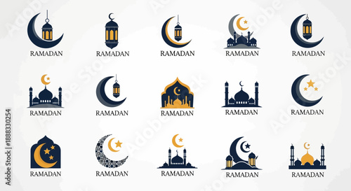 A collection of Ramadan themed logos and icons featuring crescent moons, lanterns, and mosques in blue and gold.