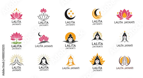 Collection of 15 logos featuring Hindu deities, lotuses, and crescent moons, often accompanied by the text 'Lalita Jayanti'.