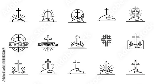 Collection of black and white line art illustrations depicting Christian crosses on hills, some with sun rays and 'Ash Wednesday' text, symbolizing faith and religious observance.