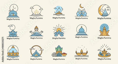 Collection of Magha Purnima festival icons featuring various religious and cultural symbols like stupas, lotus flowers, and celestial elements in a minimalist style.
