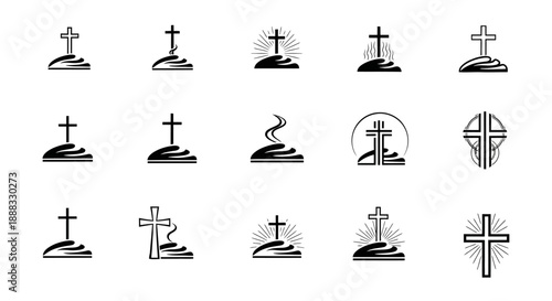 Collection of Christian cross icons, symbolizing faith, spirituality, and religious devotion.