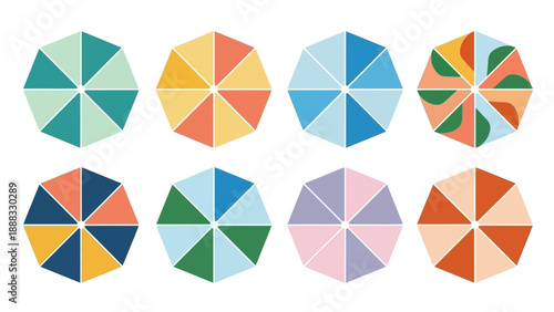 Colorful Geometric Umbrella Tops Arranged in Rows, Top View