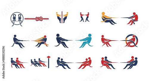 Collection of stylized icons and illustrations depicting the sport of tug-of-war, showcasing teams pulling a rope.