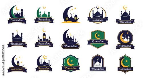 Collection of Islamic Ramadan badges featuring crescent moons, mosques, and Arabic calligraphy on ribbons.
