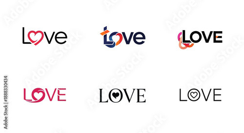 A collection of six different logo designs featuring the word 'Love' with heart motifs.