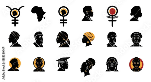 A collection of diverse silhouette icons representing Black women and African heritage, featuring various hairstyles, headwear, and symbolic elements.