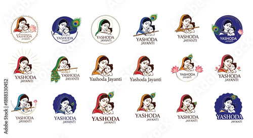 Collection of Yashoda Jayanti logos featuring Yashoda holding baby Krishna, with various decorative elements like peacock feathers and flowers.