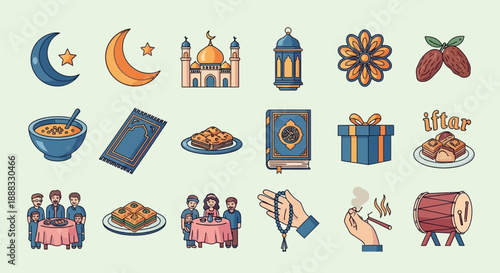 A collection of Islamic cultural icons representing Ramadan, including crescent moons, mosques, lanterns, dates, food, prayer mats, the Quran, gifts, and people celebrating.