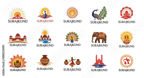 A collection of 15 diverse logos, each featuring the word 'Surajkund' and incorporating Indian cultural motifs like peacocks, elephants, Taj Mahal, and traditional pottery.