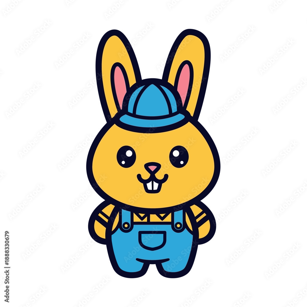 Obraz premium Cute cartoon yellow bunny rabbit wearing blue overalls and hard hat, construction worker