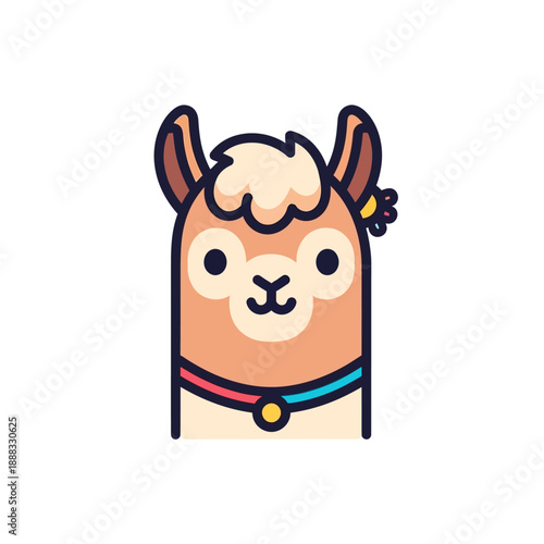 Cute cartoon llama head with flower and collar, kawaii animal illustration