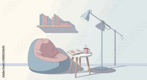 Cozy Living Room Study Nook with Bean Bag Chair, Bookshelf, and Reading Lamp, Relaxed Ambiance